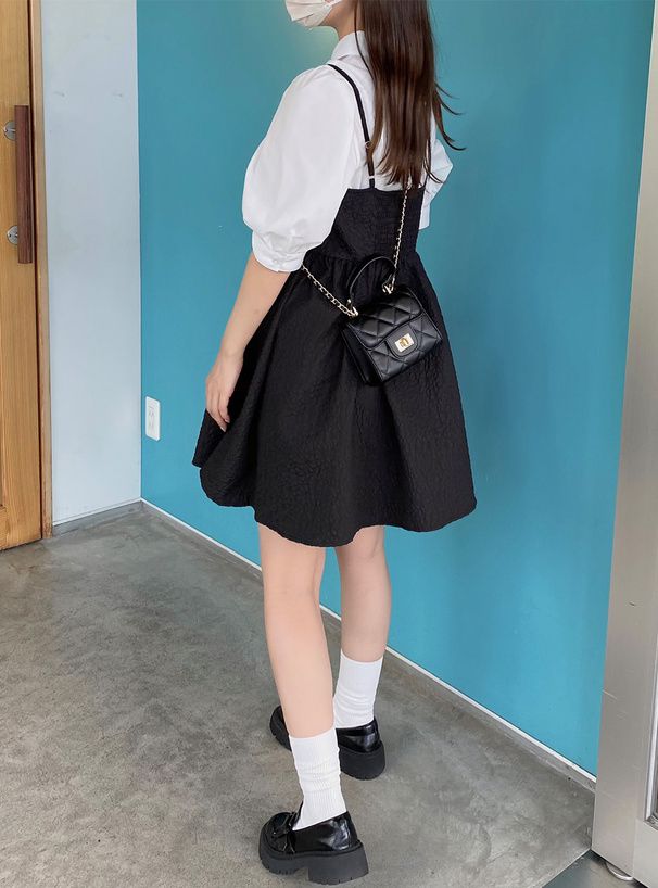 日本 GRL - 甜美泡泡布吊帶背心裙-黑 (F)