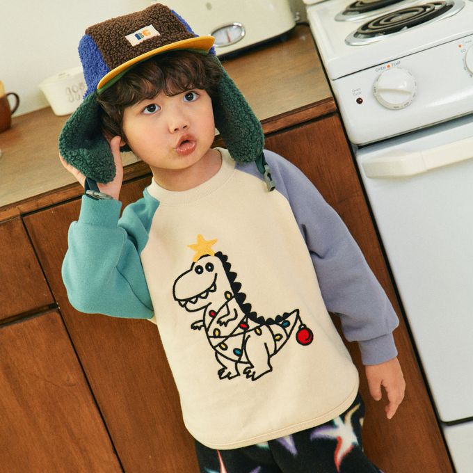 韓國 First Blue - (內磨毛)可愛裝飾恐龍上衣-湖綠X灰紫