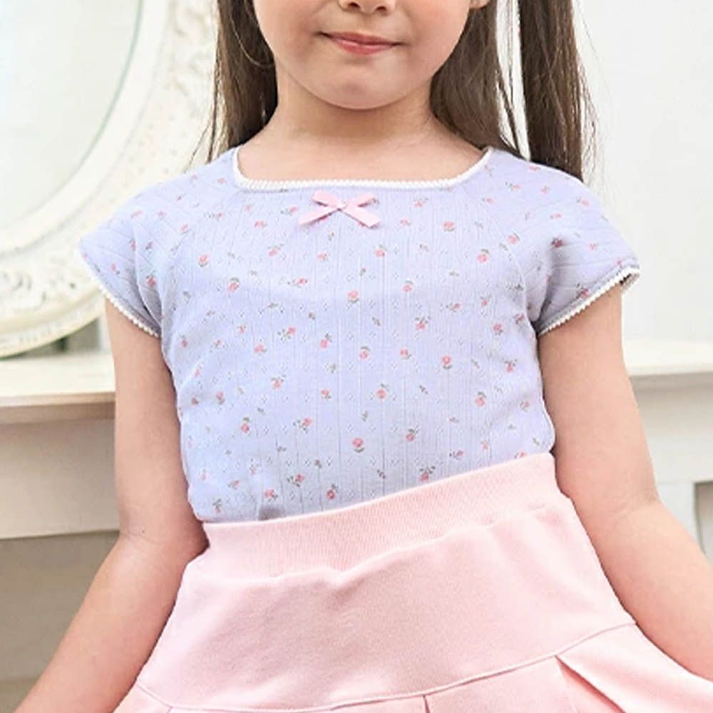 100%棉 印花蕾絲滾邊短袖上衣-藍紫