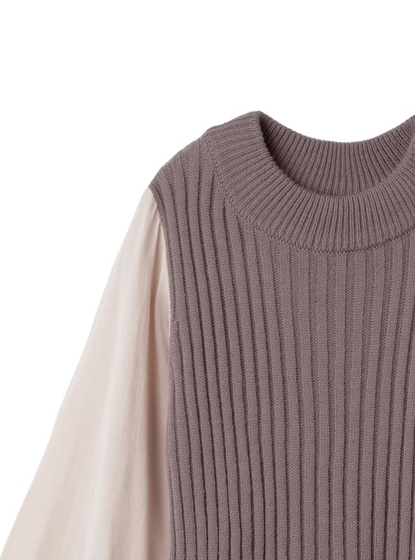 日本 GRL - 異材質拼接雪紡袖針織長洋裝-摩卡