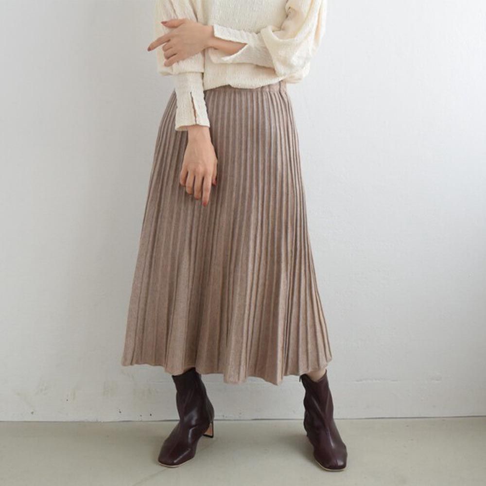 日本 ihuu - 百搭氣質針織百摺裙-卡其