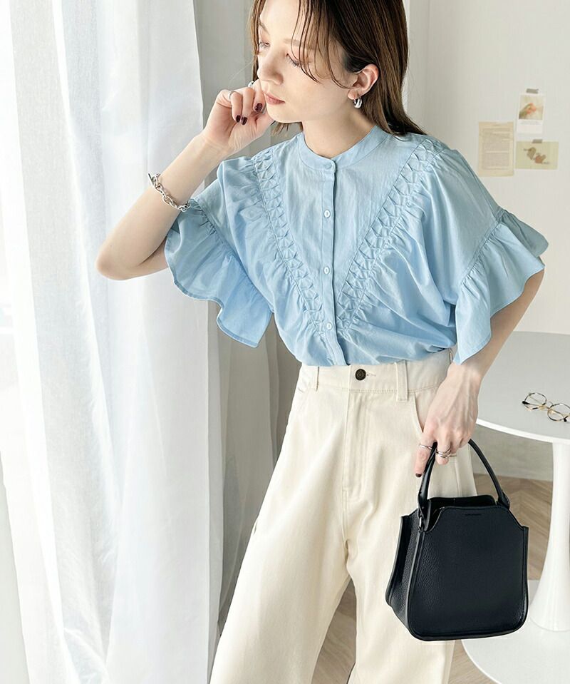 日本 Classical Elf - 2WAY透氣荷葉袖圓領襯衫-白