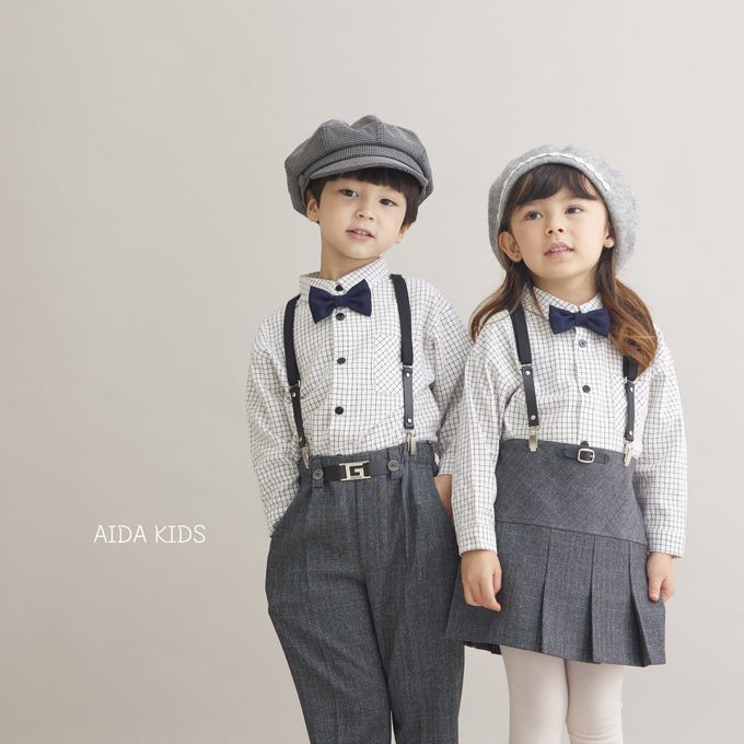 韓國 AIDA - (不含領結)簡單細格紋翻領長袖襯衫-白