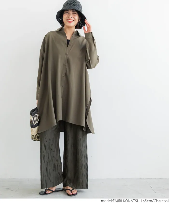 日本 COCA - [可剪裁] 百搭波浪紋垂墜寬褲-草綠