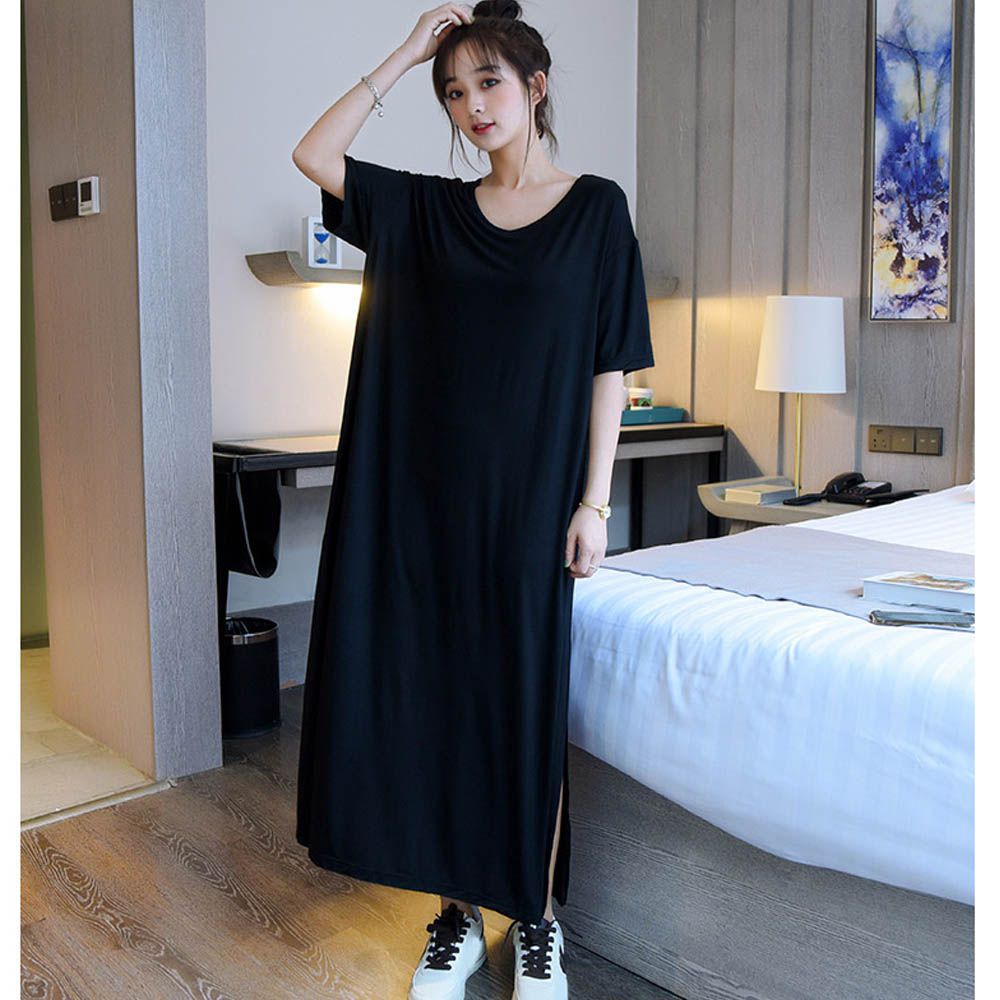 涼感莫代爾短袖Bra長洋裝-落肩寬鬆版-黑色