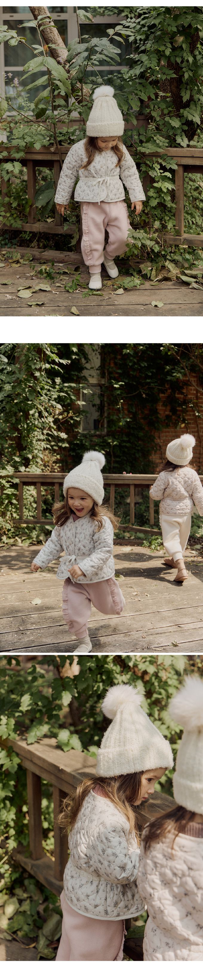 韓國 Puellaflo - 小花無領鋪棉綁帶絎縫外套-白灰