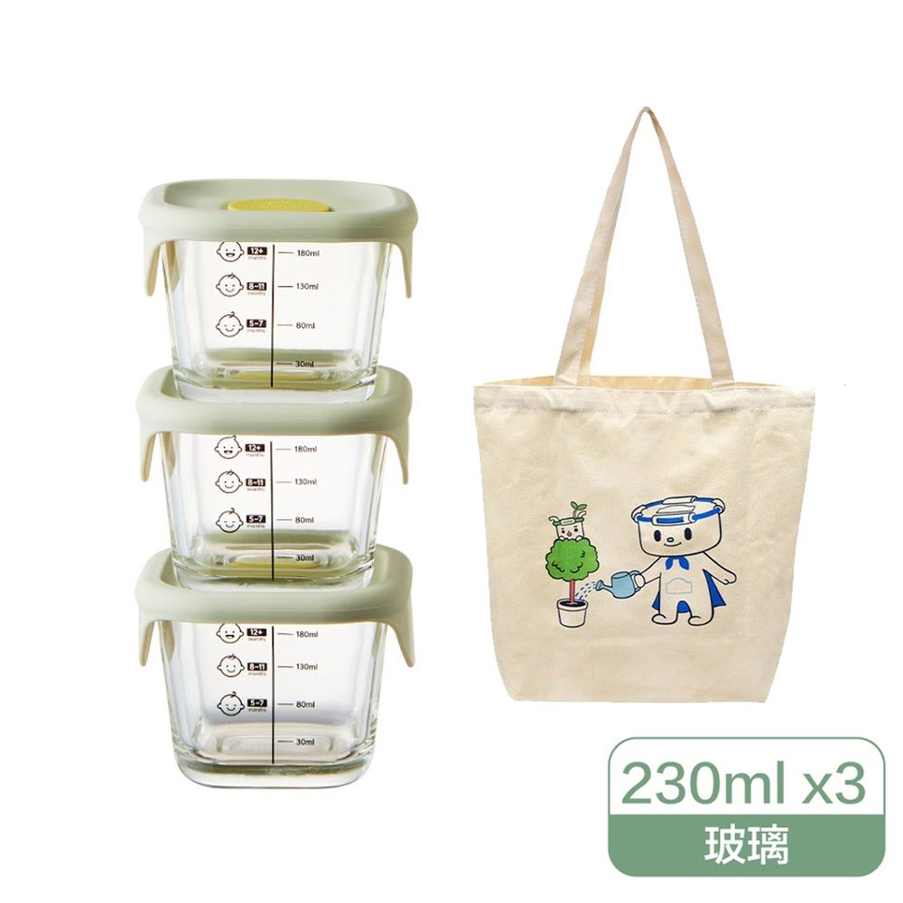 樂扣樂扣 - 寶寶副食品耐熱玻璃調理盒+贈樂扣質感環保帆布袋-正方形-薄荷綠 (230ml)-三入組