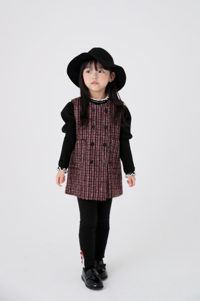 韓國 Coco Bang - 雙排鈕釦裝飾混羊毛背心洋裝-酒紅