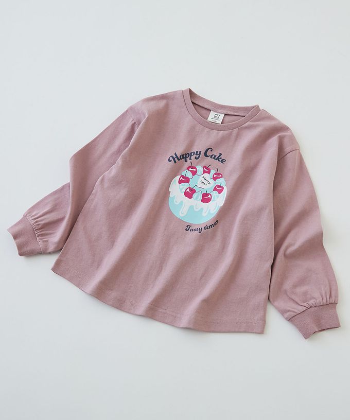 日本 devirock - 100%棉 定番女孩印花長袖上衣-蛋糕-燕麥