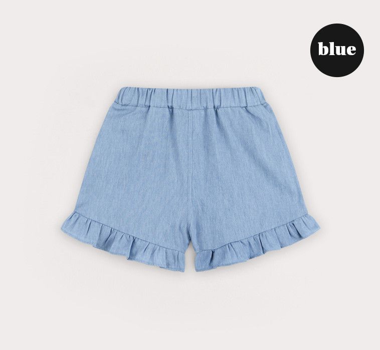 韓國 HEJMINI - 雙色心荷葉拼接短褲-藍