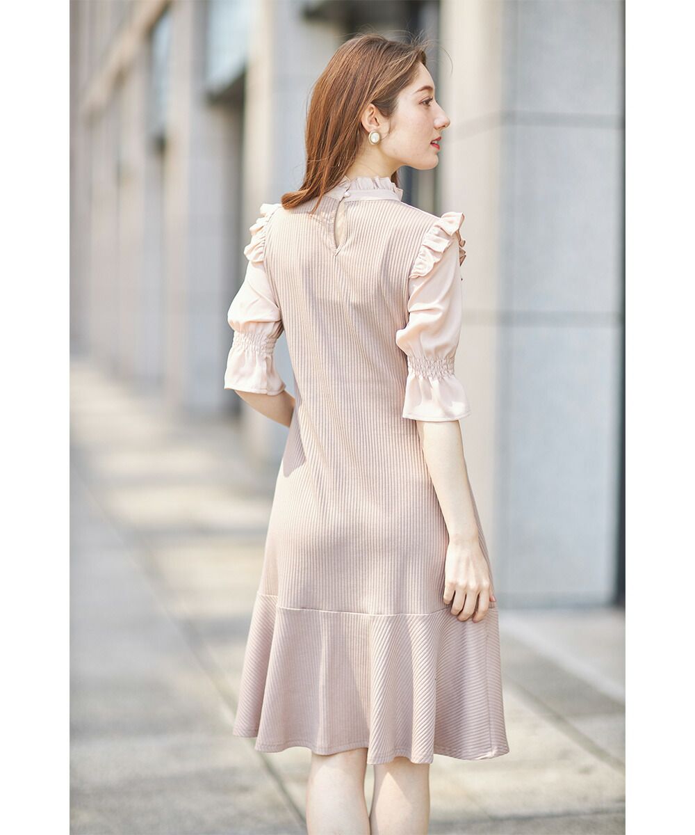 日本 tocco-closet - 夢幻荷葉邊扭結小洋裝-星塵粉