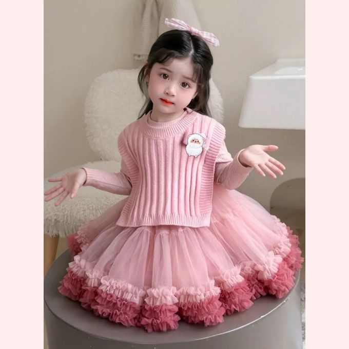 新年生日Party可愛漸層蛋糕網紗長袖洋裝-漸層粉色