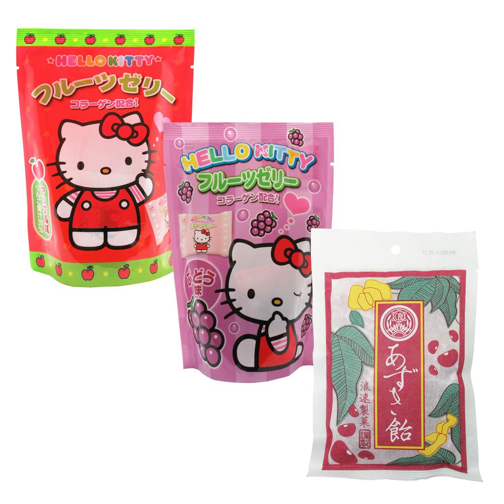 浪速製菓 - Hello Kitty果凍(葡萄/蘋果)+紅豆麻糬軟糖嚐鮮3入組合-110g*1+130g*1+90g*1