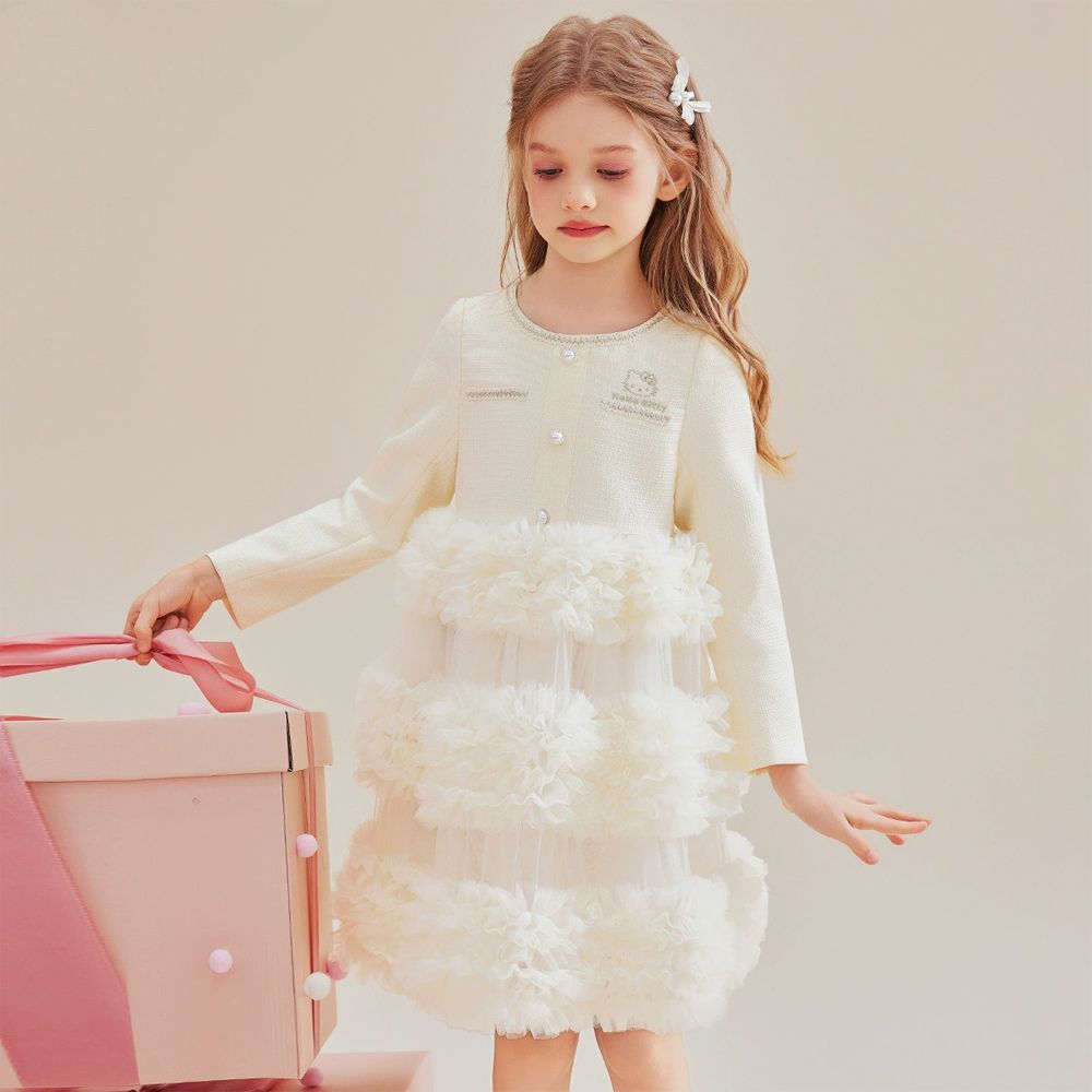 優雅珍珠釦小香風蛋糕裙-卡通人物Hello Kitty-米杏