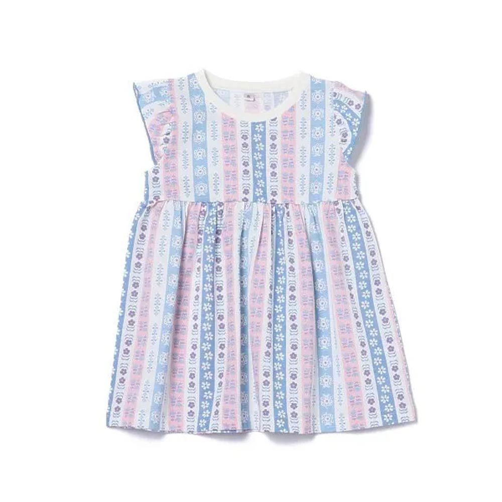 日本西松屋 - 直式歐風花朵荷葉袖洋裝-粉x藍
