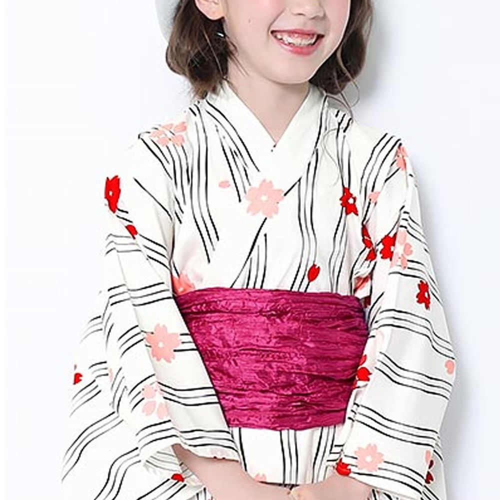 日本 devirock - 純棉夏日祭典花朵浴衣兵兒帶2件組-櫻花流線-白x莓果