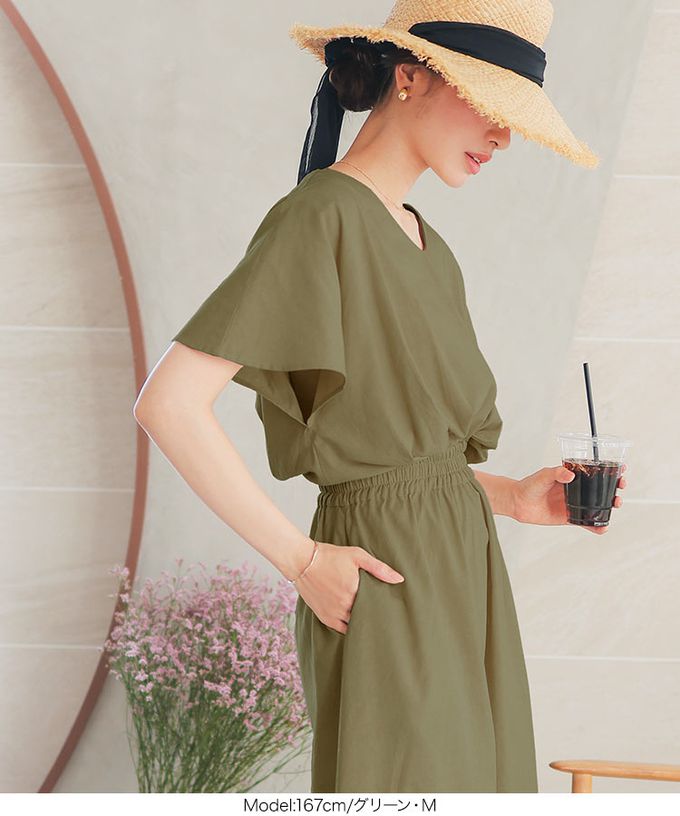 日本 Kobe Lettuce - 亞麻度假感V領修身束腰洋裝-淺卡其 (M)