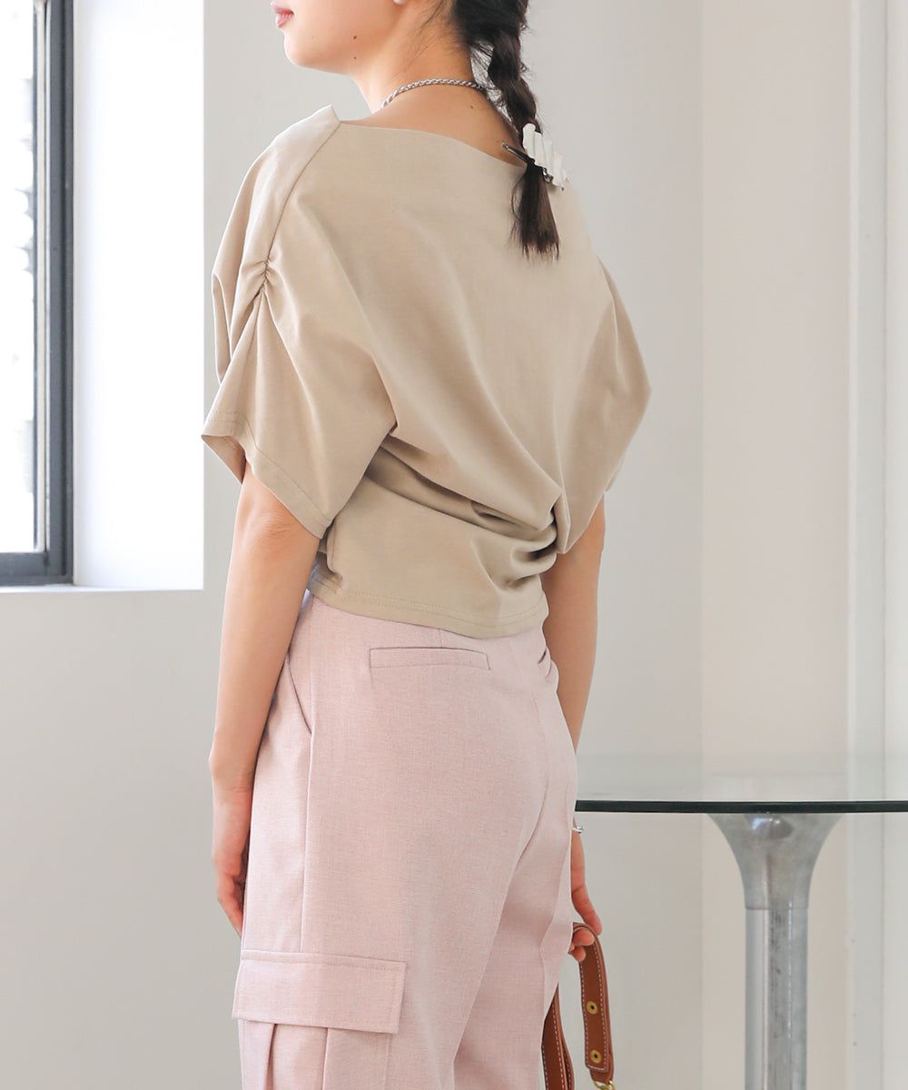 日本 Bab - 不對稱落肩設計短袖上衣-淺藍紫