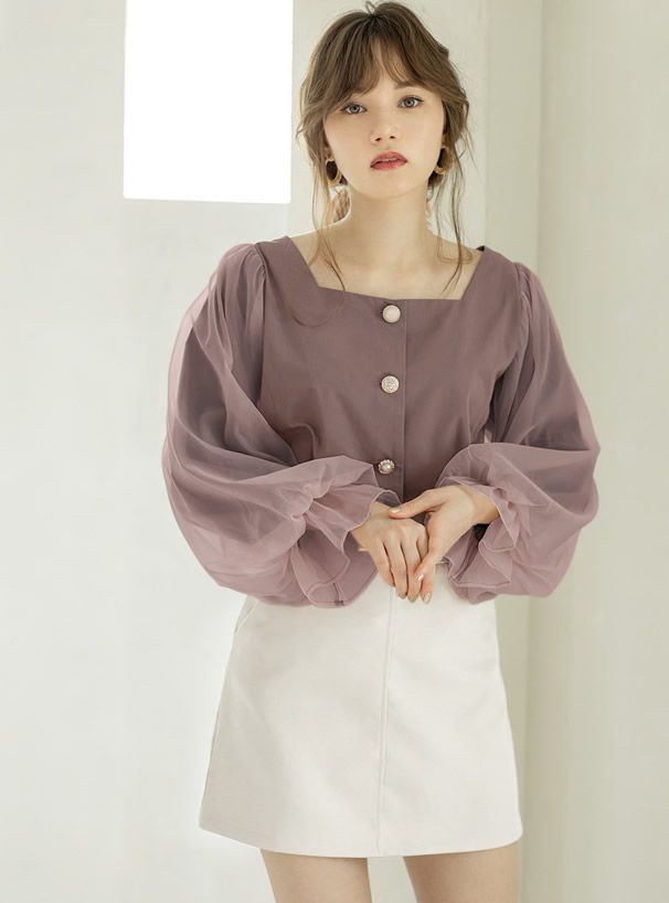 日本 GRL - 方領排釦薄紗澎澎袖上衣-時尚黑