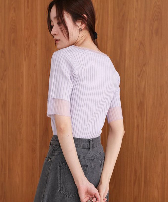 日本 Bab - 柔美異材質顯瘦羅紋五分袖上衣-炭灰