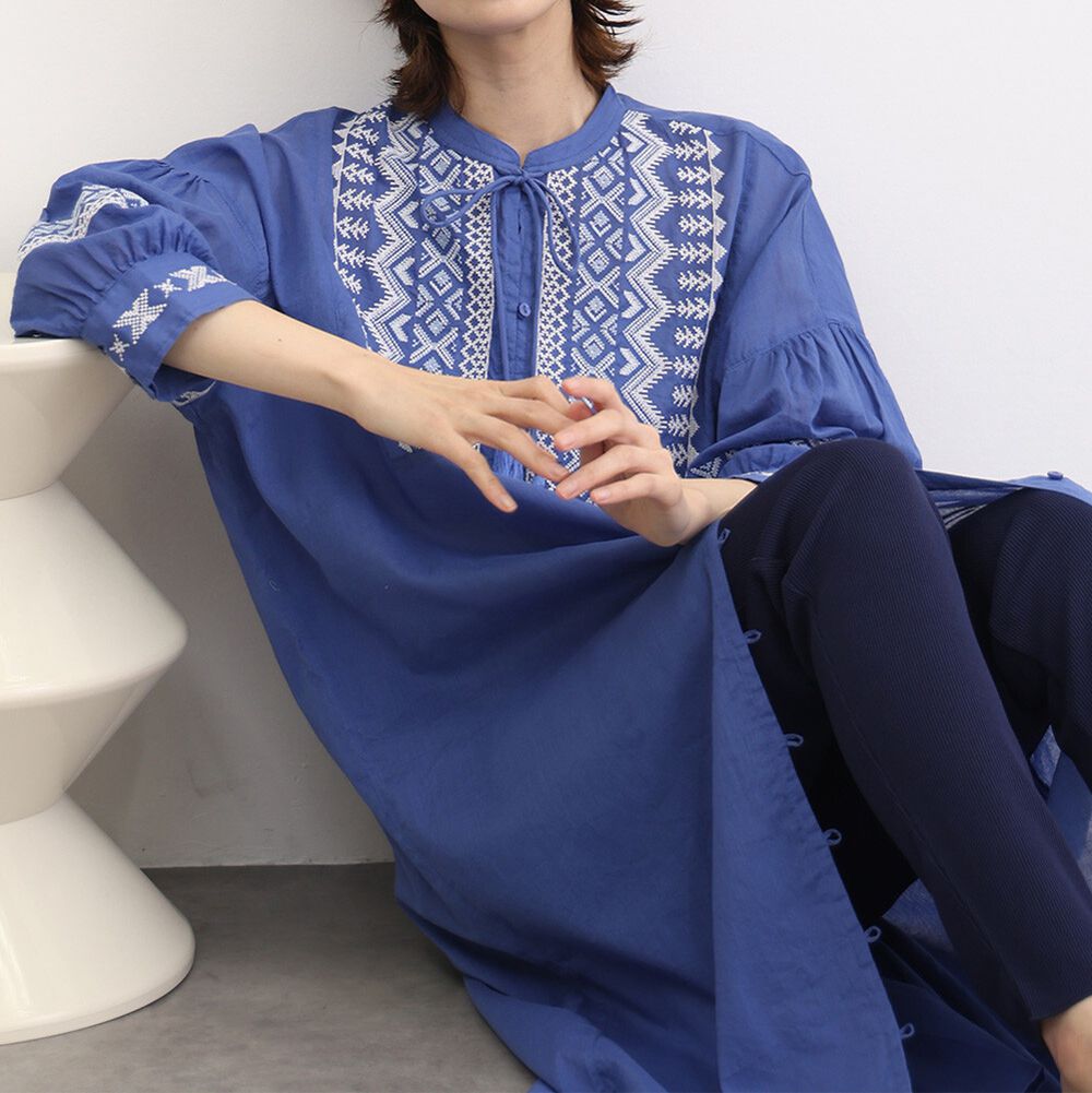 印度棉 波西米亞刺繡七分袖開襟洋裝-藍