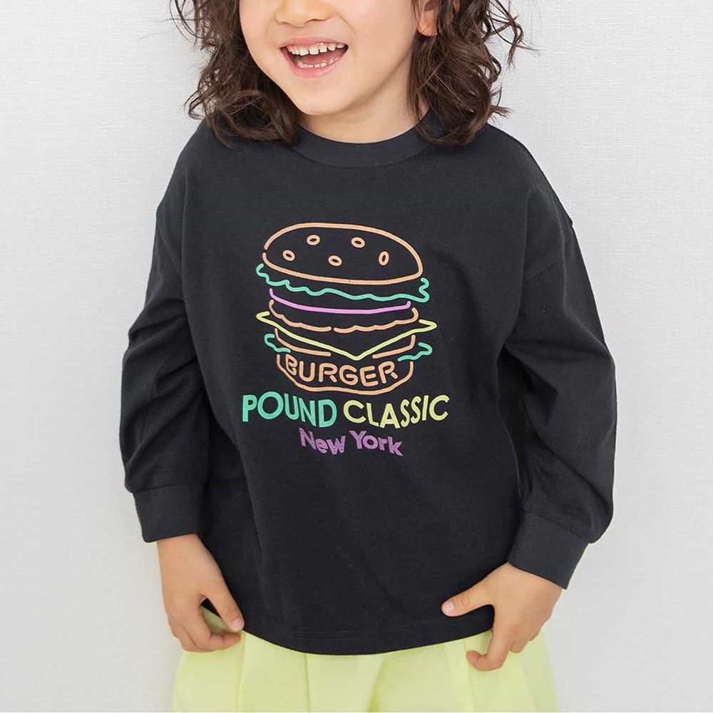 春季俏皮印花薄長袖上衣-線條漢堡-黑