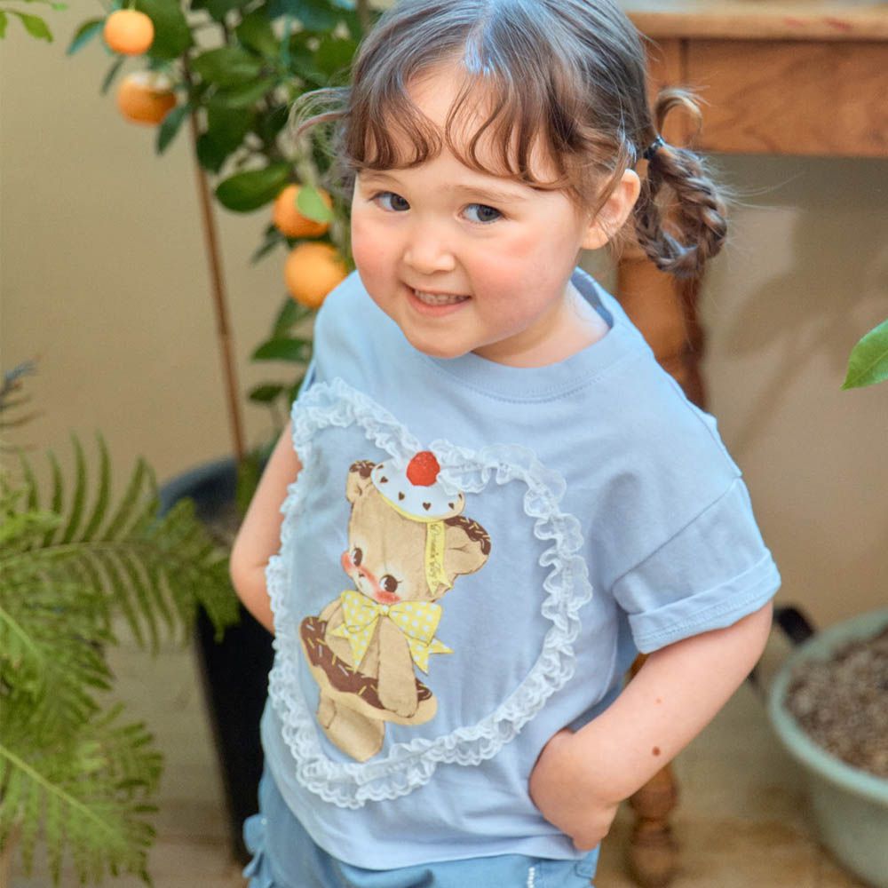 甜點熊蕾絲愛心裝飾短袖上衣-淺藍