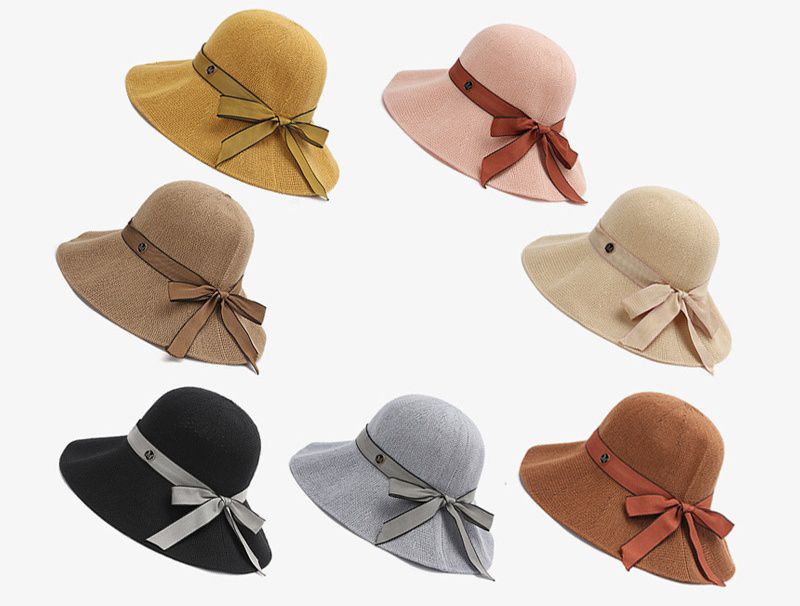 透氣可折疊遮陽棉纱草帽-緞帶蝴蝶結-黃色 (56-58cm)