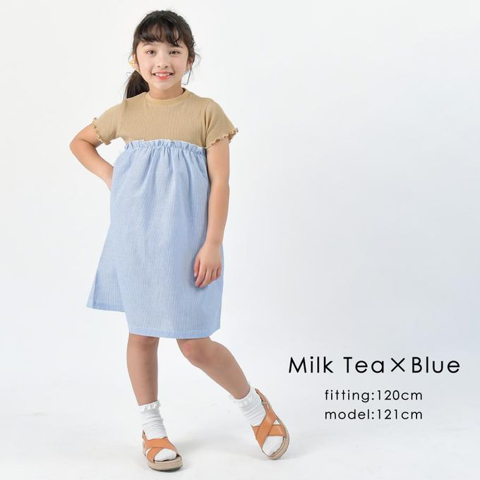 日本 evercloset - 拼接撞色羅紋短袖洋裝-深灰x藍