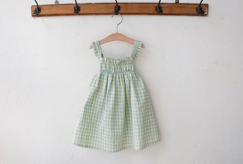 田園風格紋抓褶細肩帶洋裝-綠X黃