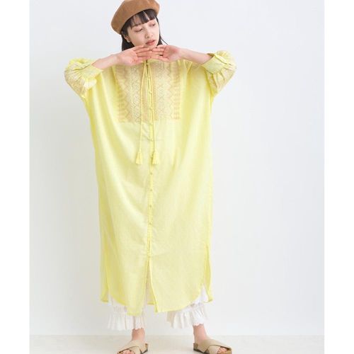 日本 Lupilien - 100%印度棉刺繡流蘇襯衫式洋裝-淺黃