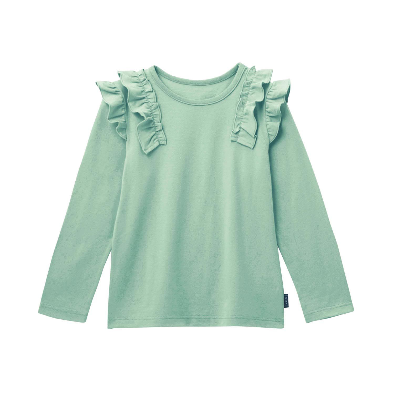 日本千趣會 - GITA 圓領荷葉肩長袖上衣-條紋-黑白