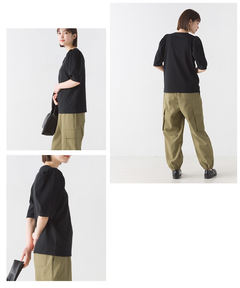 日本 OMNES - 圓領百搭泡泡短袖上衣-黑