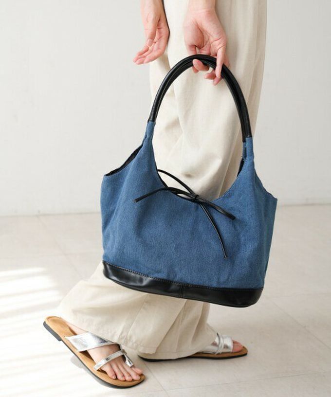 日本 Bab - 異素材成熟感蝴蝶結氣質手提包-藍x黑