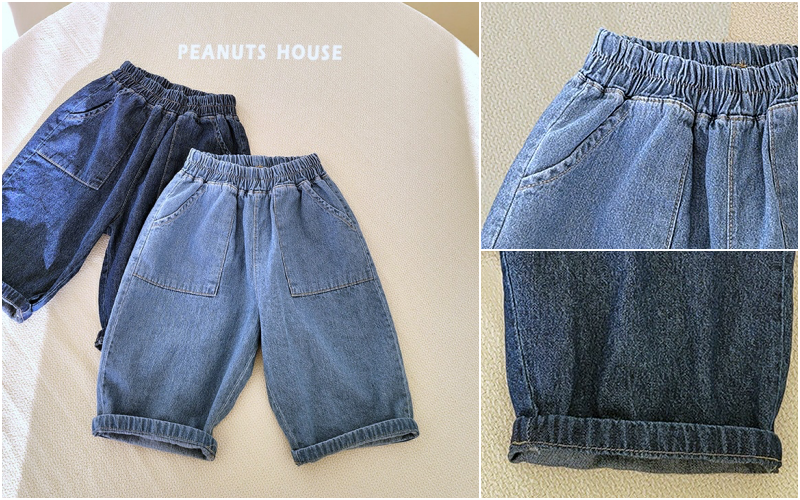 韓國 Peanuts House - 鬆緊腰雙邊大口袋7分牛仔褲-深藍