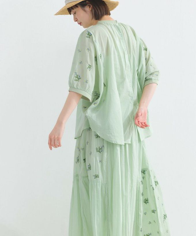 日本 Lupilien - 100%印度棉 優美植物刺繡大寬袖上衣-薄荷