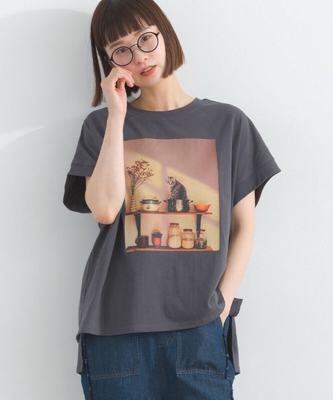 日本 Lupilien - 16支天竺棉 療癒印花法式袖上衣-貓咪的房間-薄荷