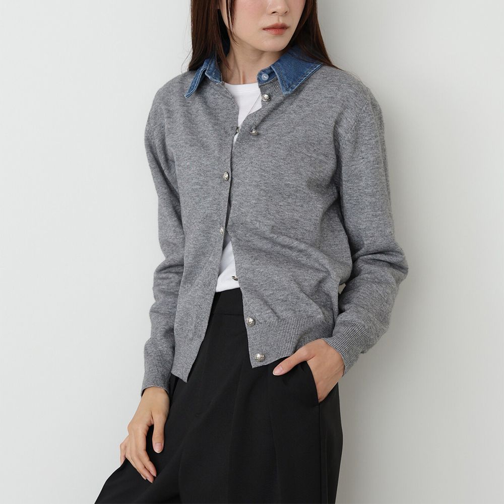 牛仔領時尚休閒感針織開襟衫-灰