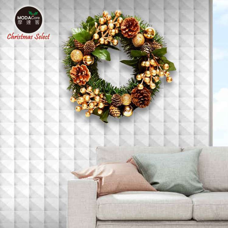 MODACore 摩達客 - 耶誕-台製歐風典雅10吋大地盛宴金球果松果聖誕花圈_福臨圈(免組裝/台灣設計手工藝製) 本島免運費