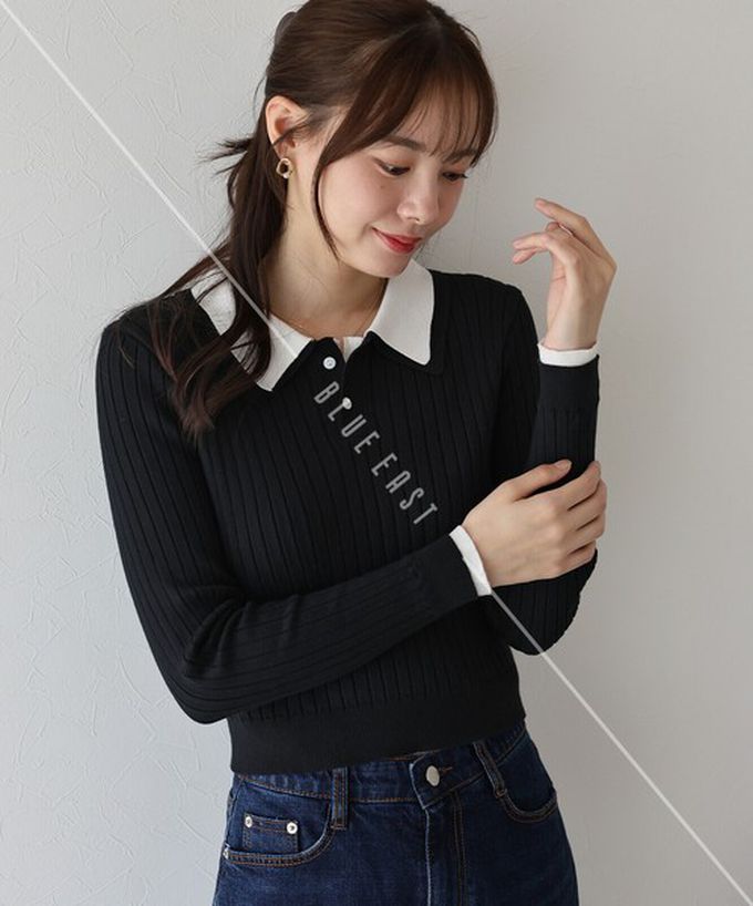 日本 BLUE EAST - 撞色雙層領針織polo長袖上衣-深灰x粉紅 (M)