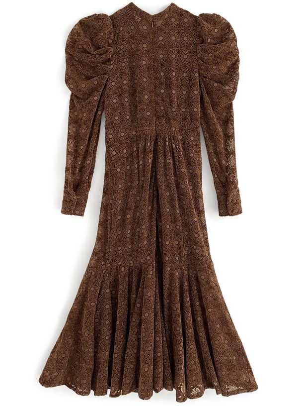 日本 GRL - 歐風印花羊腿袖綁帶洋裝-深可可