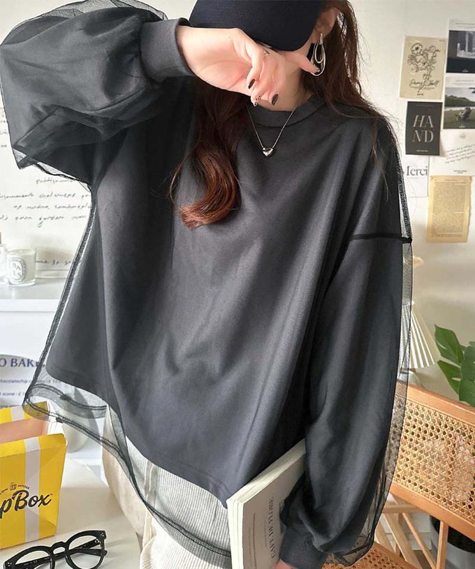 日本 Classical Elf - Java 透膚薄紗層次上衣-背後標籤印花-燕麥灰