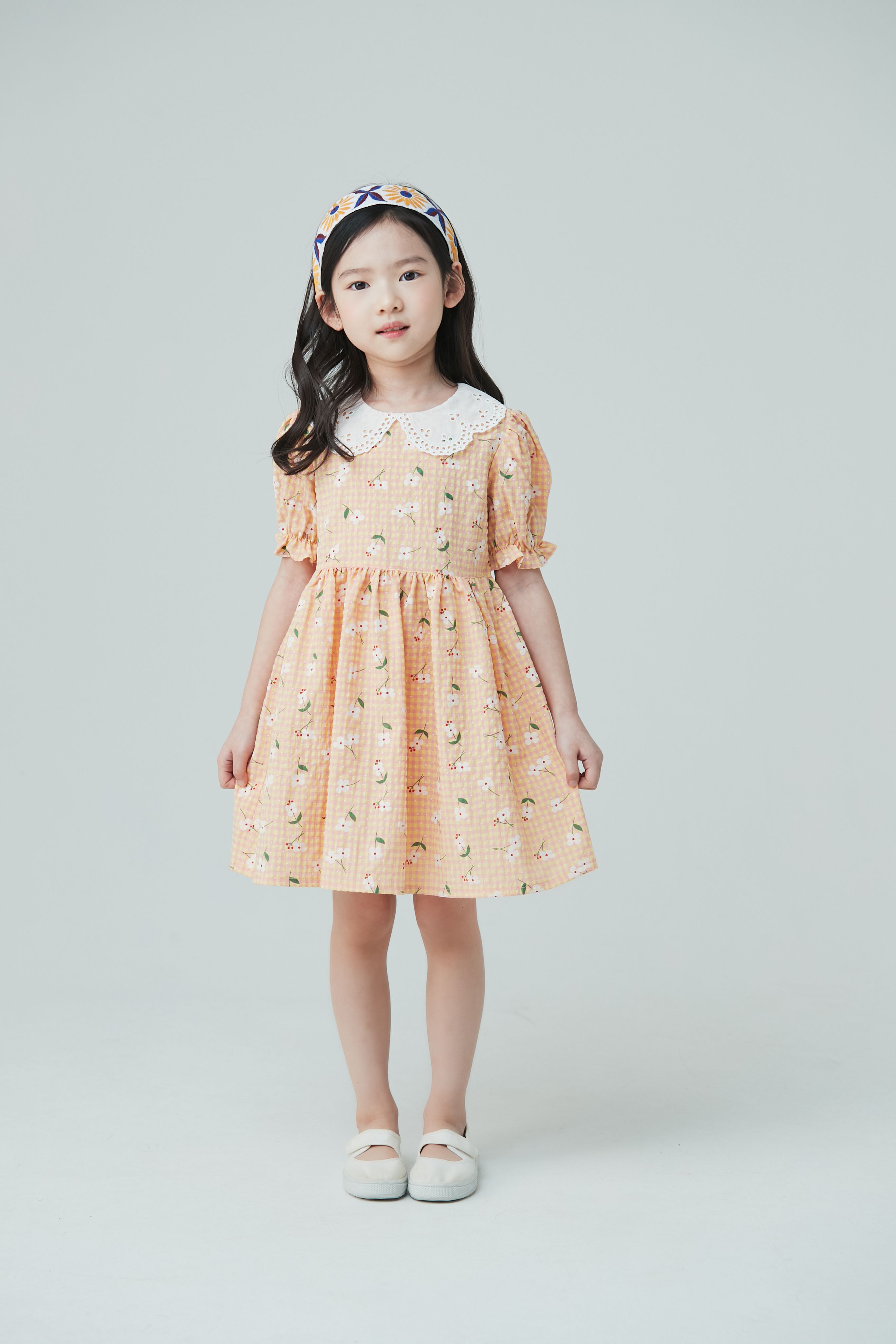 韓國 Coco Bang - 蕾絲白領花花洋裝-橘