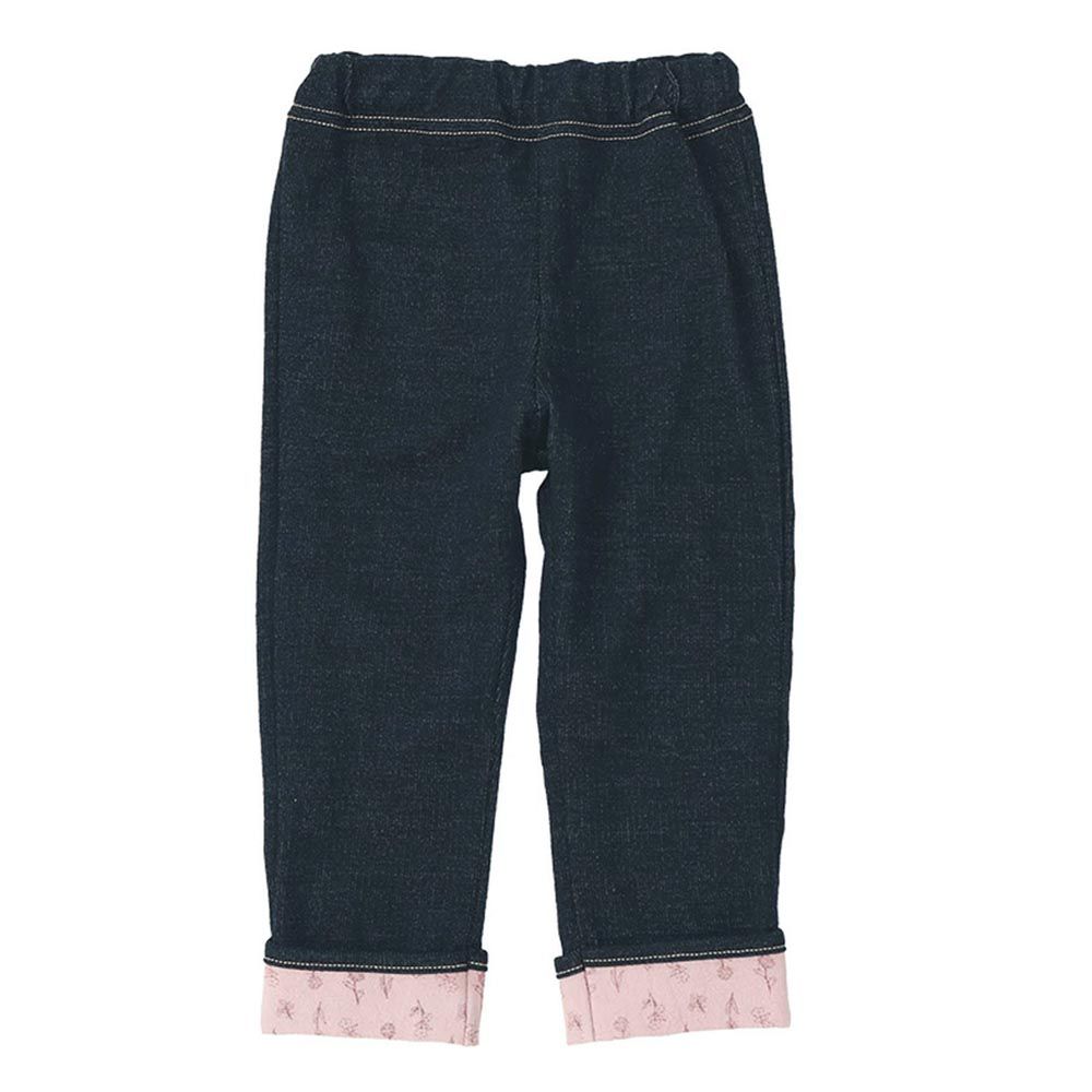 日本 ZOOLAND - 背後口袋百搭舒適長褲-粉紅小花-海軍藍