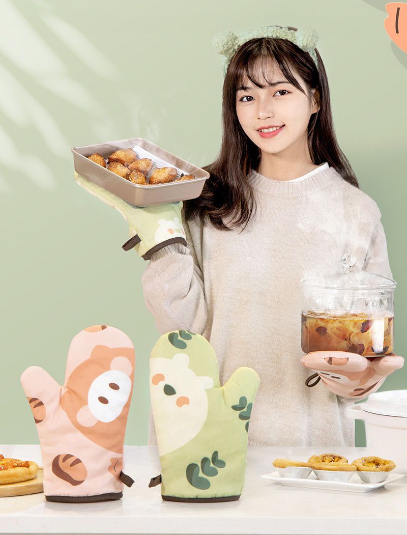 防燙手卡通矽膠拼接隔熱手套-橘粉色-左手