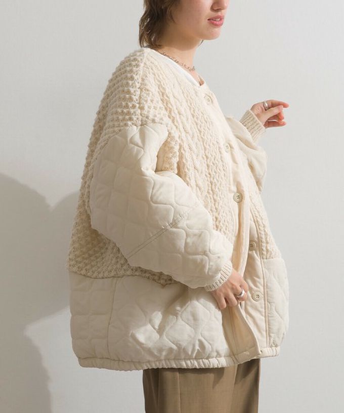 日本 Lupilien - 立體麻花絎縫拼接無領保暖外套-軍綠