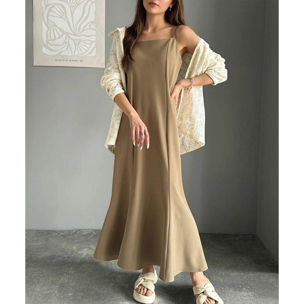 亞麻感優雅魚尾細肩帶洋裝-摩卡棕