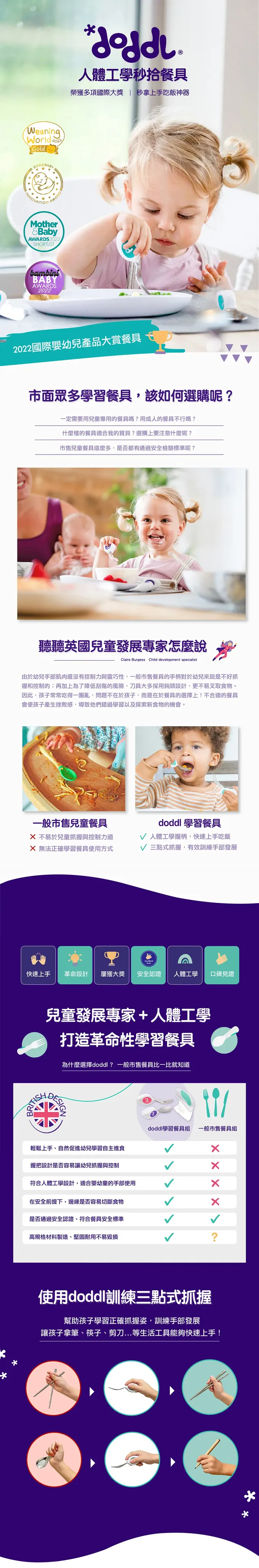 英國 Doddl - 秒拾餐具 - 人體工學兒童學習餐具2件組-湖水綠+收納盒