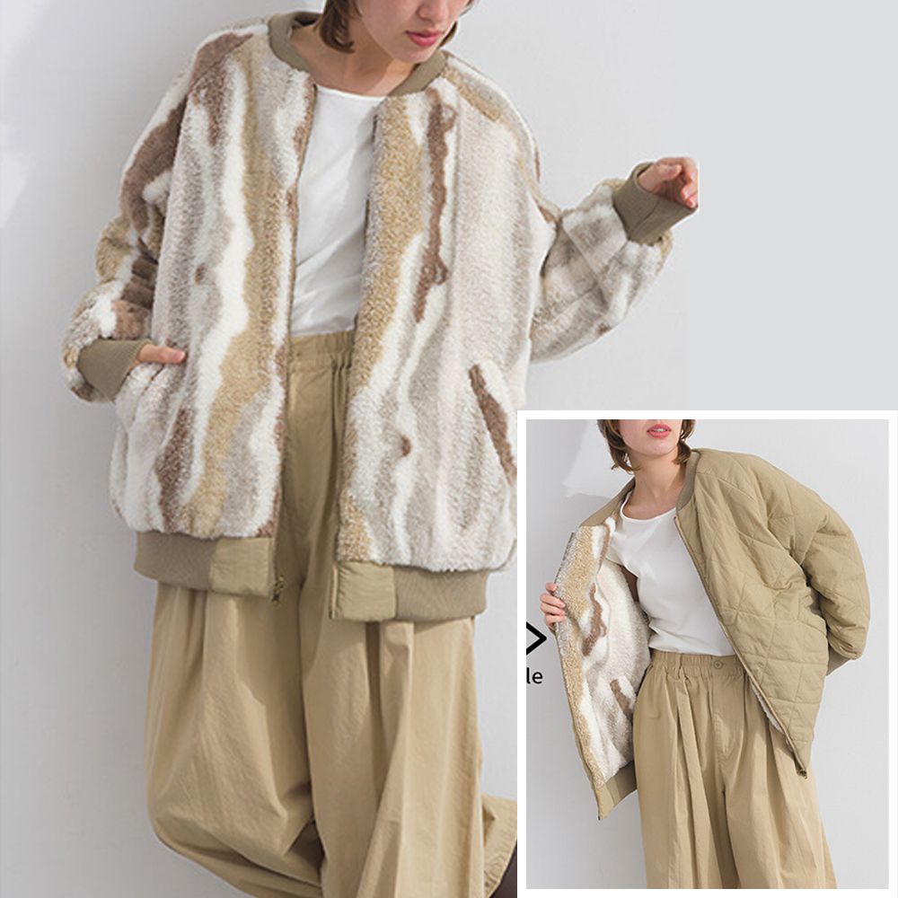 [人氣款]鮮明印象毛絨雙面保暖夾克外套-條紋-卡其