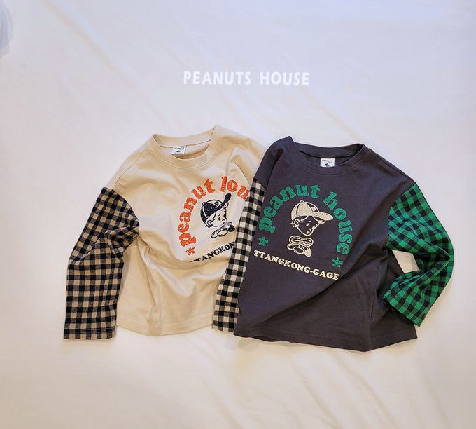 韓國 Peanuts House - 男孩印雙色格子拼接長袖上衣-藍黑X米杏X紅